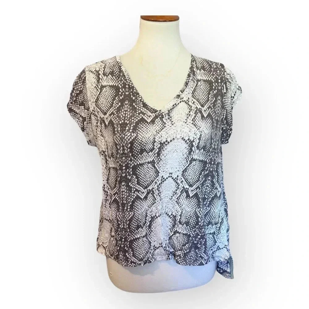 Cynthia Rowley Womens Gray Snakeskin 100% Linen Tshirt Top Sz L Basic Animal